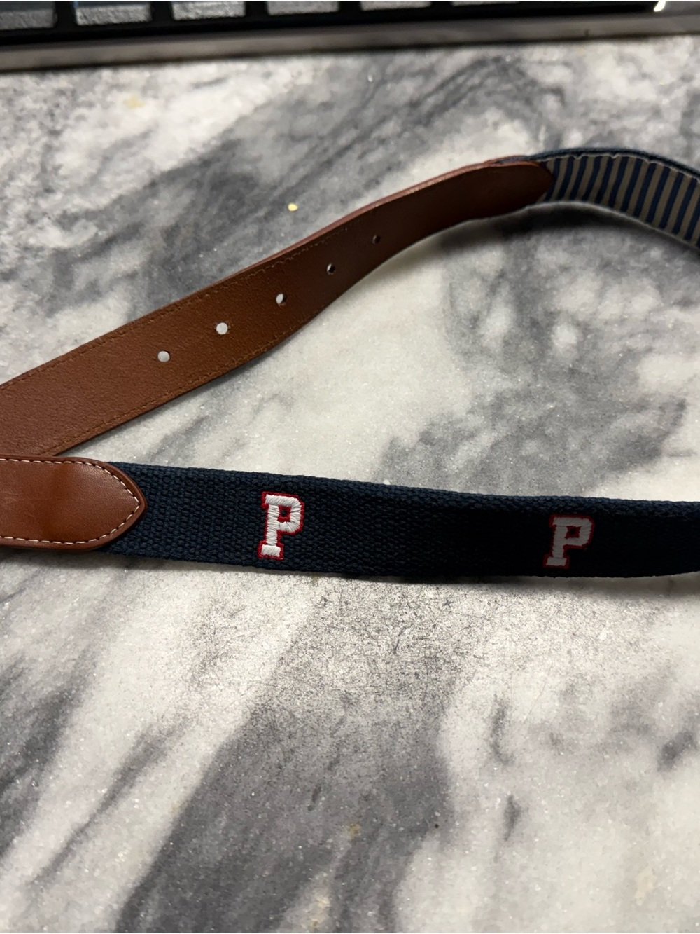 Men's Navy Webbing Belt with Brown Leather Accents and Embroidered 'P' size 28